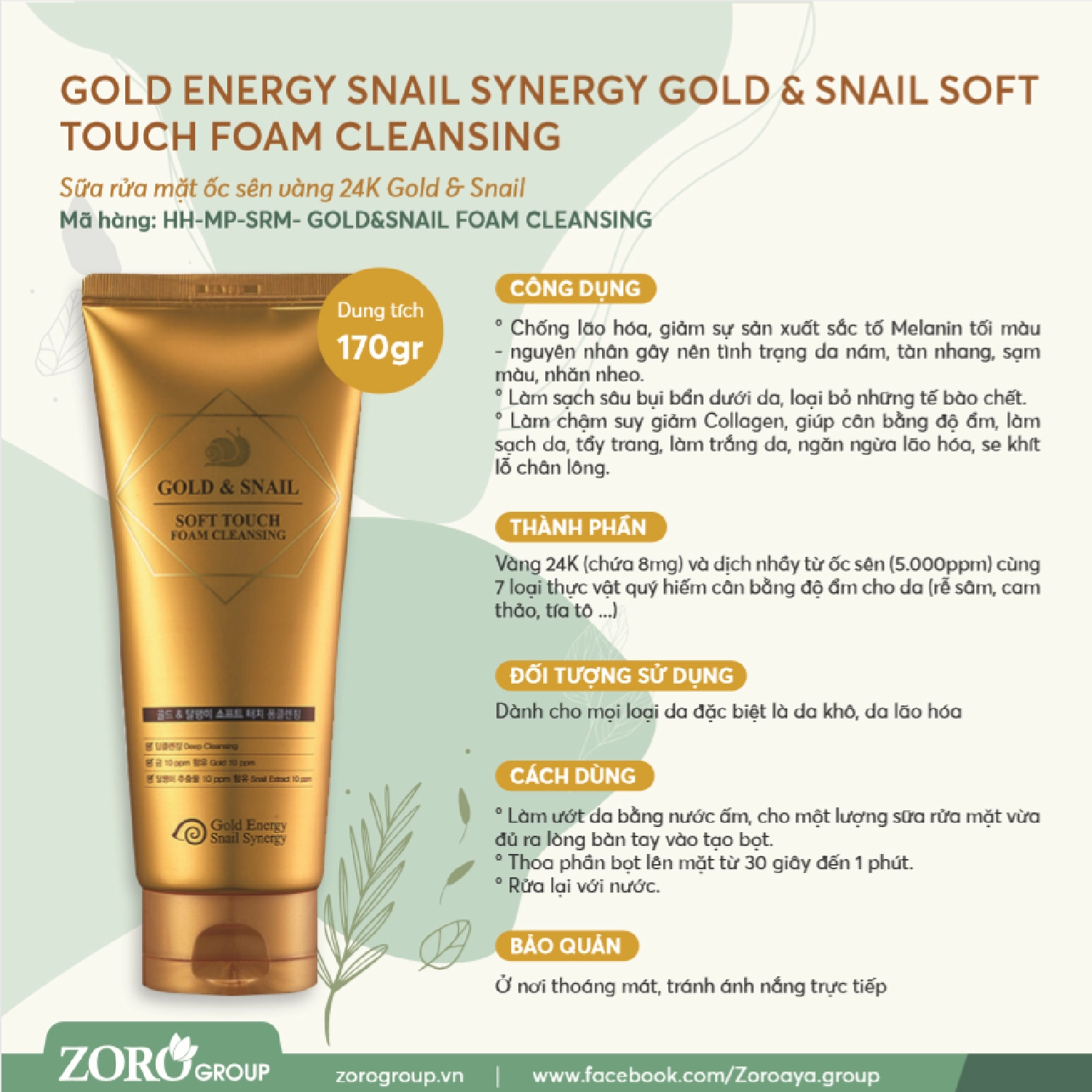 Sữa Rửa Mặt Ốc Sên Phục Hồi Da Chiết Xuất Vàng Làm Sạch Sâu Dịu Nhẹ Cho Da Nhạy Cảm 170ml Gold Energy Snail Synergy