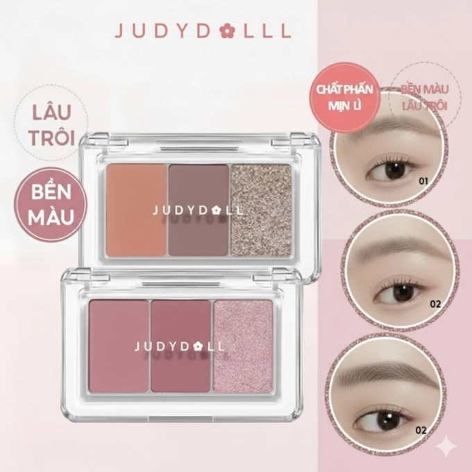 Phấn Mắt Judydoll 3 Ô – Bảng Mắt Mini Lên Màu Chuẩn, Giữ Nét Tự Nhiên Cả Ngày
